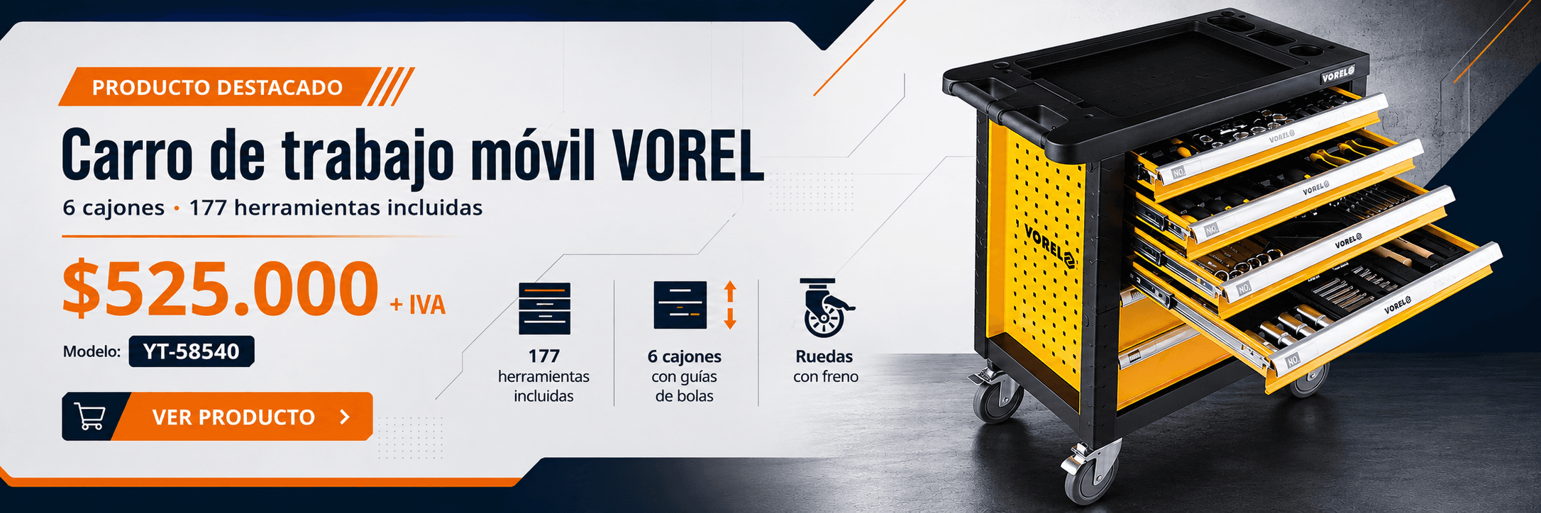 Carro de trabajo móvil VOREL YT-58540 con 6 cajones y 177 herramientas