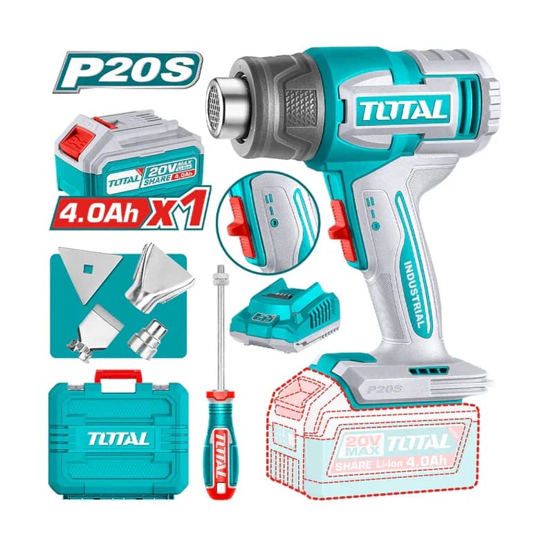 Pistola de calor inalámbrica TOTAL TBLI20065 con batería, cargador, accesorios y maletín